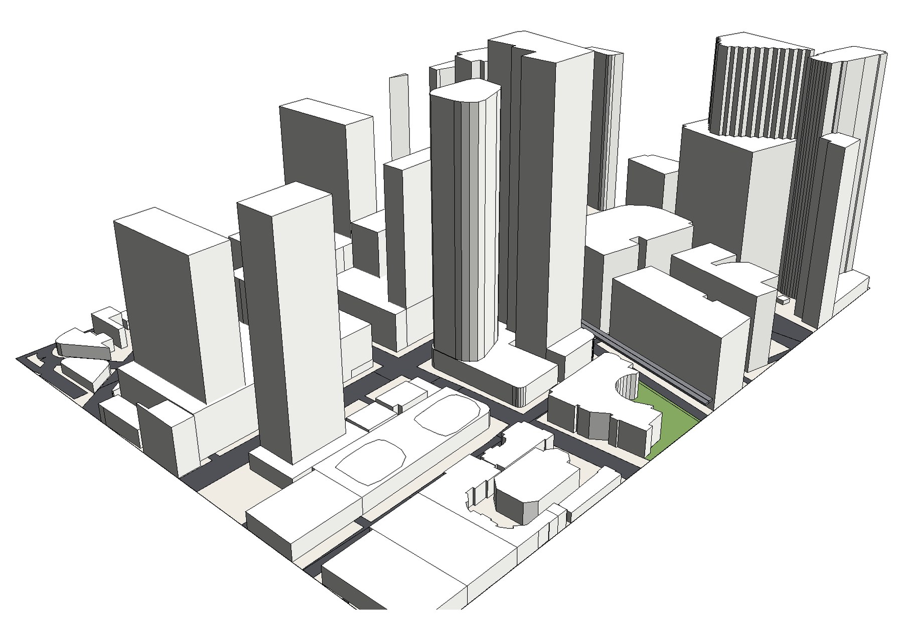 The same Brickell block built in Revit: 63 buildings to their recorded heights, the streets, the Metromover guideway and the park