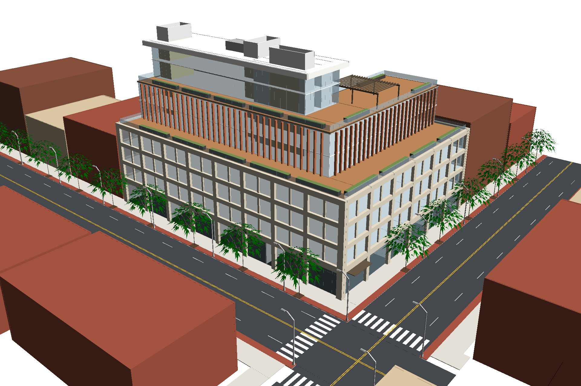 Option B · Stepped terraces, Revit model built from the rendering
