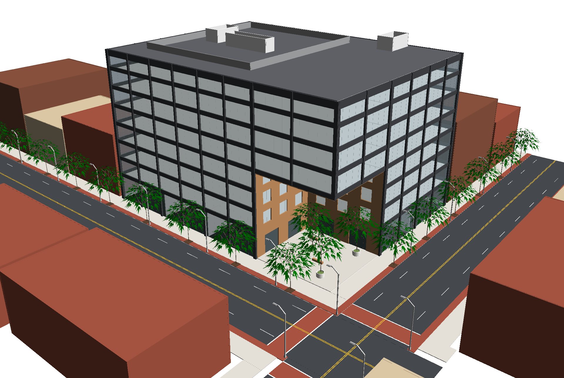 Option C · Carved corner, Revit model built from the rendering