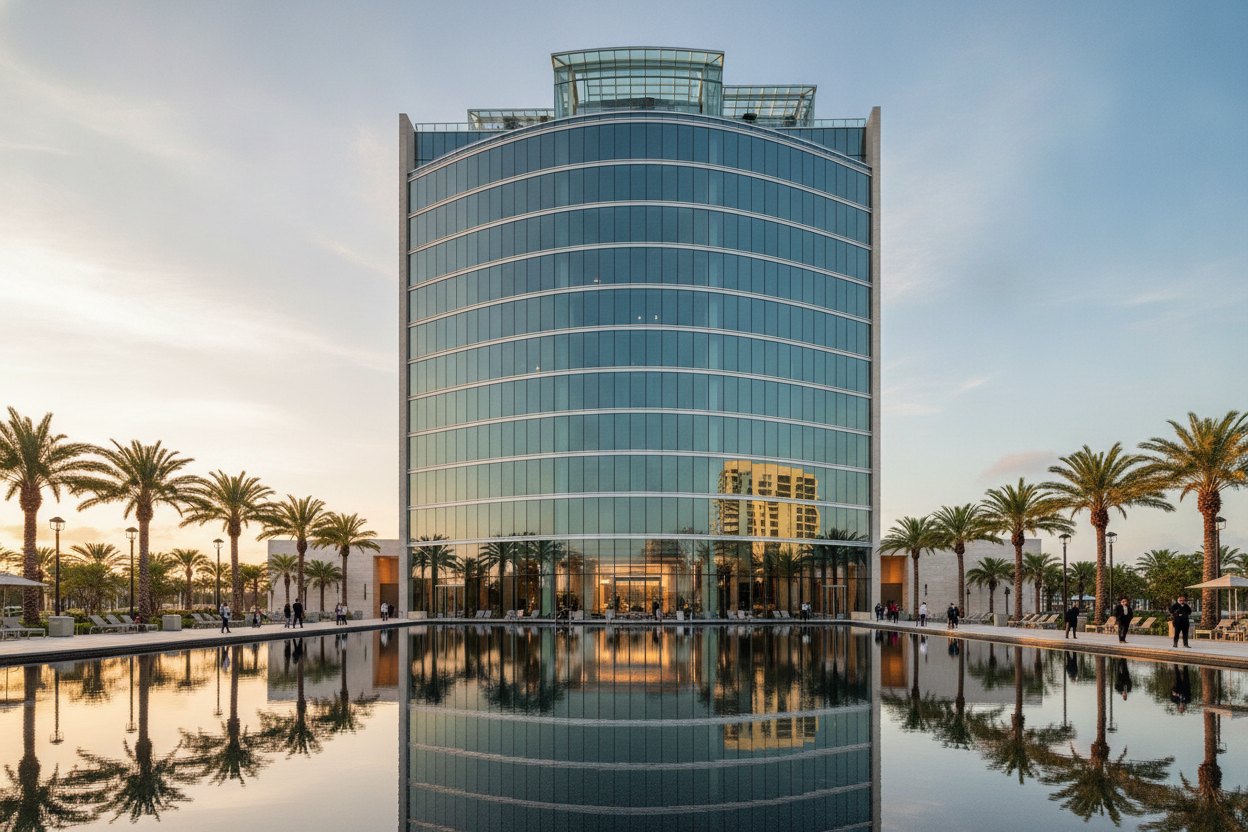 Curva glass tower over a reflecting pool at golden hour