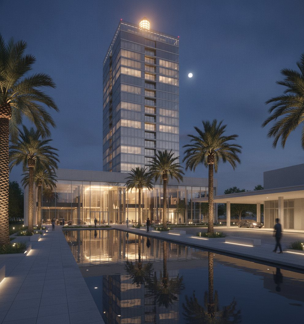 Faro Alto — Mixed-use tower - night plaza