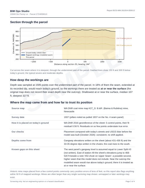 Sample report, page 3: section and map source